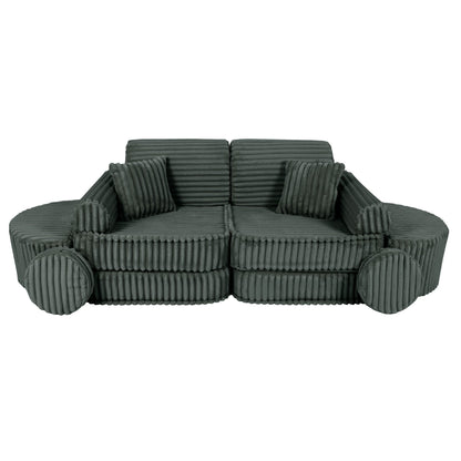 Forest green kids sofa side angle showing textured fabric and customizable layout