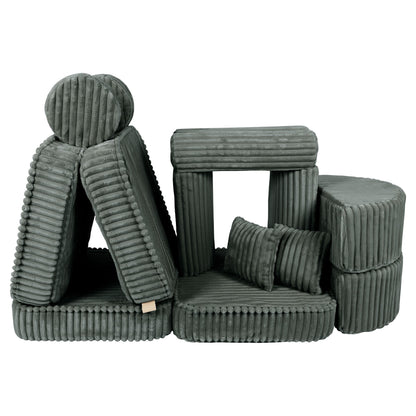 Forest green kids sofa modules separated showing individual pieces for flexible assembly
