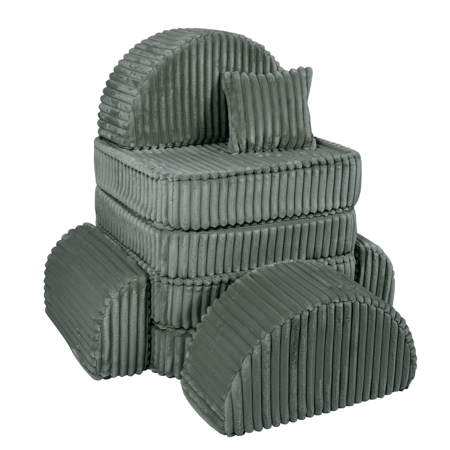 Forest green modular sofa components stacked displaying all cushions and configuration options
