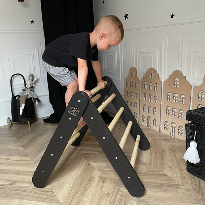 MeowBaby Kids Ladder with Slide and Climbing Wall Black – child on climbing wall section | Nestling