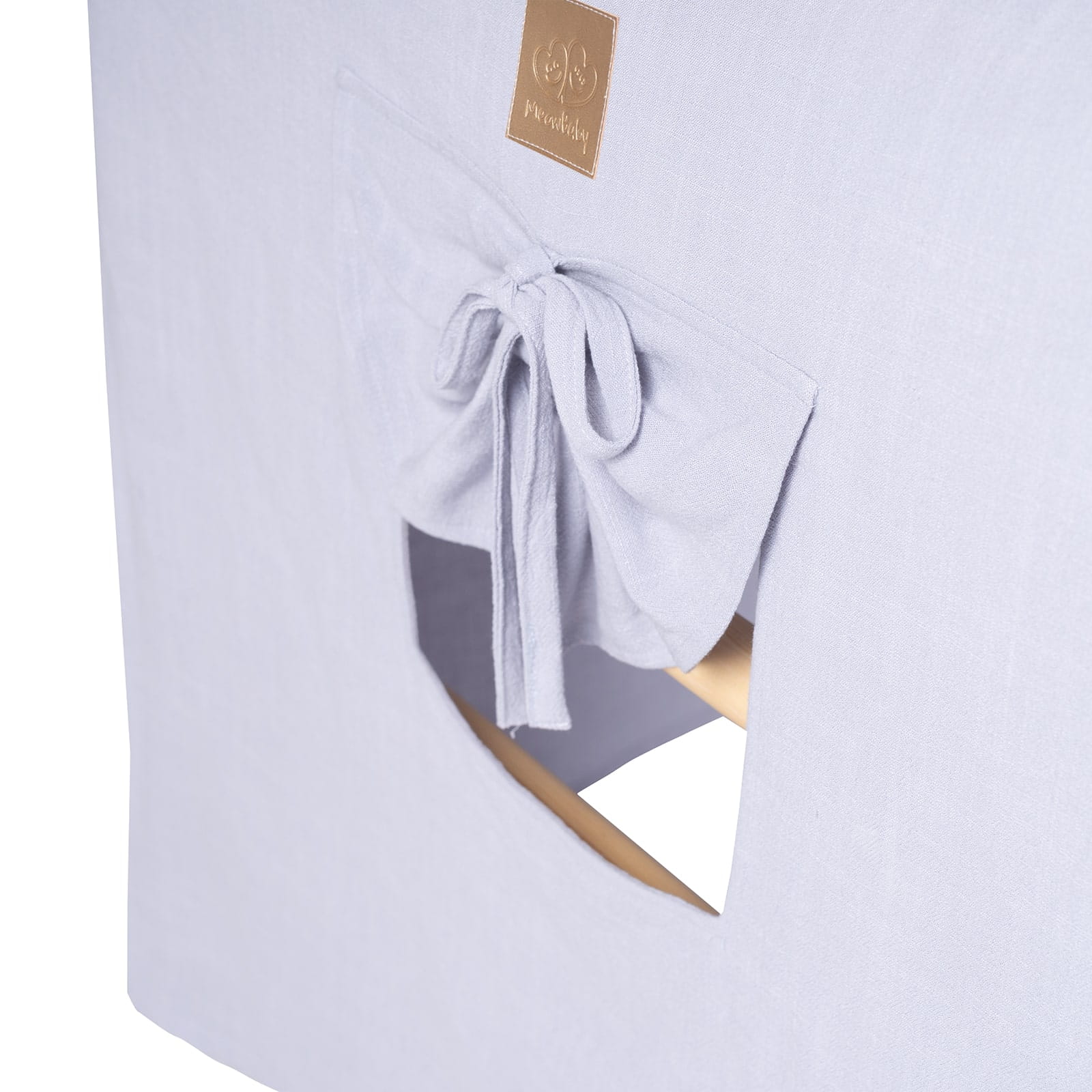 MeowBaby Ladder House Kids Wooden Climbing Frame and Tent – close-up of grey tent fabric tie drape and logo label | Nestling