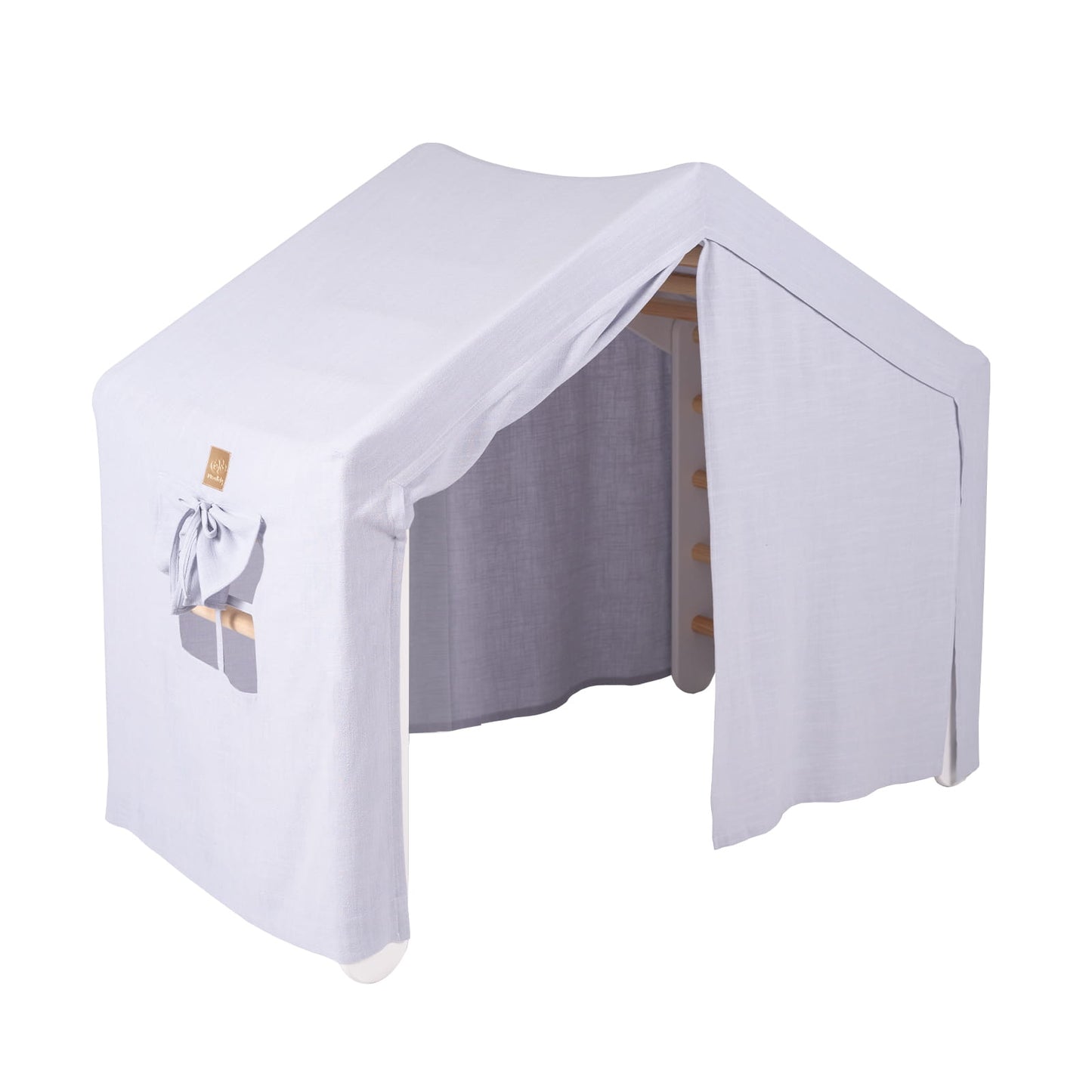 MeowBaby Ladder House Kids Wooden Climbing Frame and Tent – tent open side view with grey inner lining | Nestling
