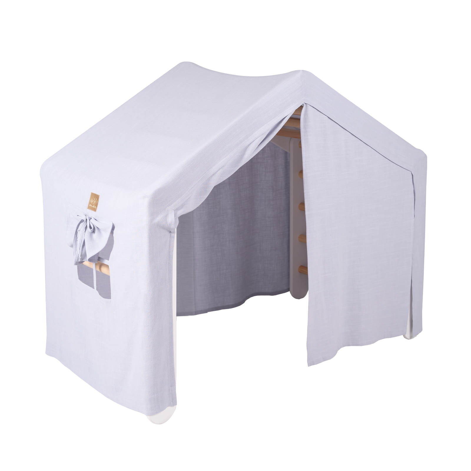 MeowBaby Ladder House Kids Wooden Climbing Frame and Tent – tent open side view with grey inner lining | Nestling