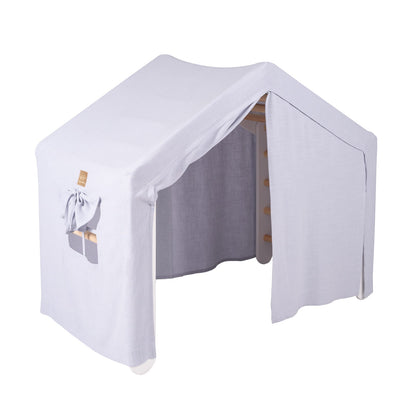 MeowBaby Ladder House Kids Wooden Climbing Frame and Tent – tent open side view with grey inner lining | Nestling
