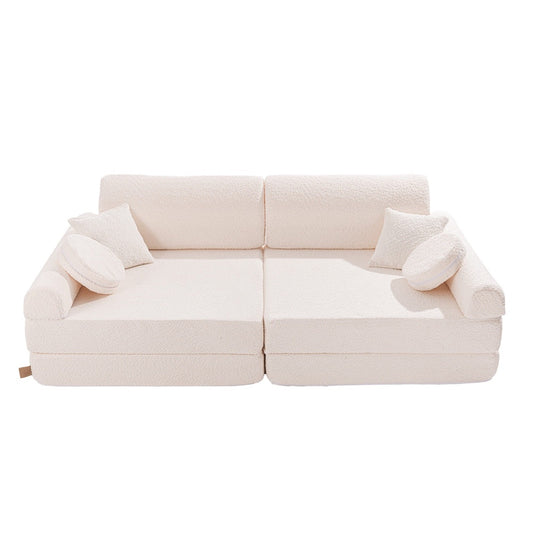 MeowBaby Large Modular Sofa Premium Boucle Kids Couch – child relaxing on white boucle sofa | Nestling
