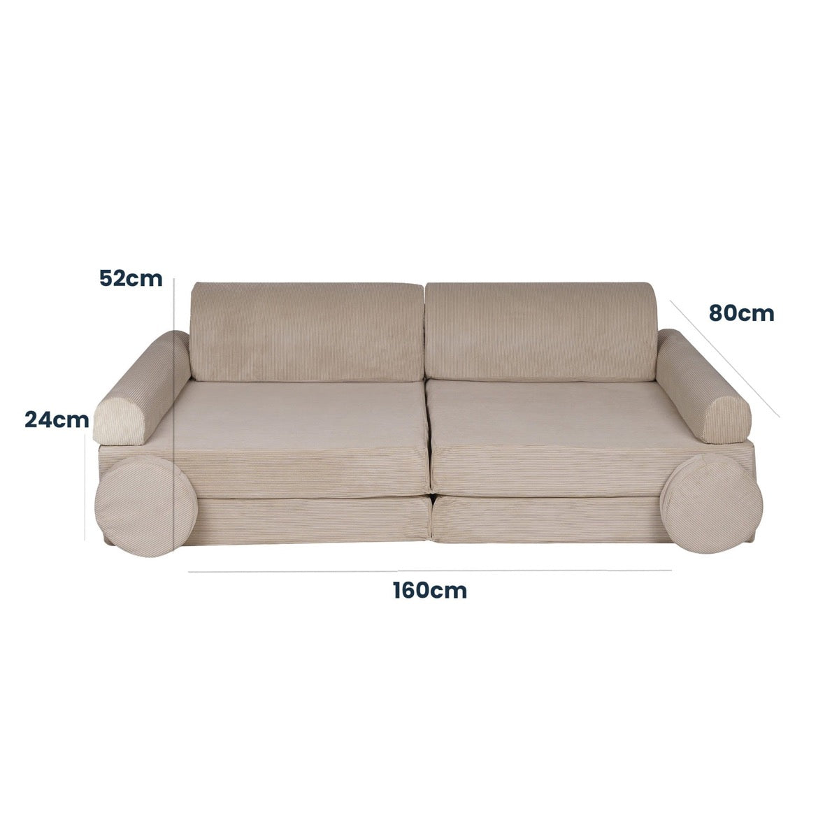 MeowBaby Large Slimcord Foam Sofa Ecru Kids Play Couch – dimensions diagram 160x80x52cm | Nestling