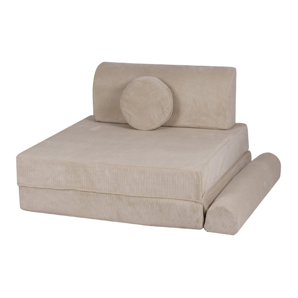 MeowBaby Large Slimcord Foam Sofa Ecru Kids Play Couch – compact armchair configuration with round pillow | Nestling