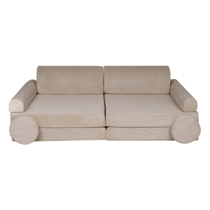 MeowBaby Large Slimcord Foam Sofa Ecru Kids Play Couch – full sofa front view with round armrest cushions | Nestling