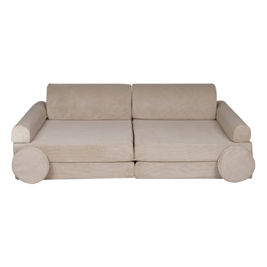 MeowBaby Large Slimcord Foam Sofa Ecru Kids Play Couch – full sofa front view with round armrest cushions | Nestling