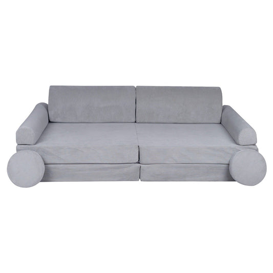 MeowBaby Large Slimcord Premium Sofa Gray Kids Couch – child sitting on gray slimcord sofa | Nestling