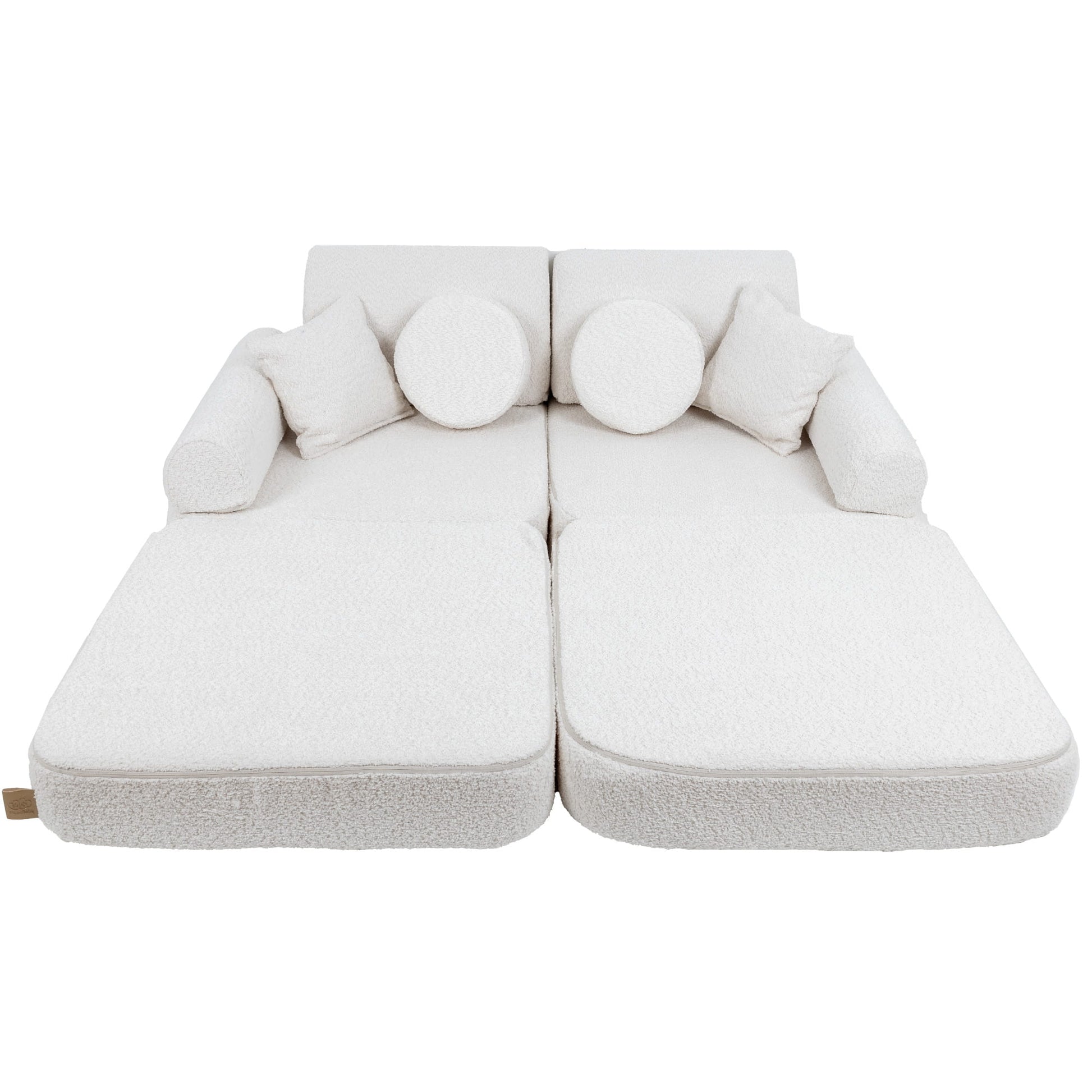 MeowBaby Modular Kids Sofa – Boucle White – double flat mattress layout with bolster pillows | Nestling