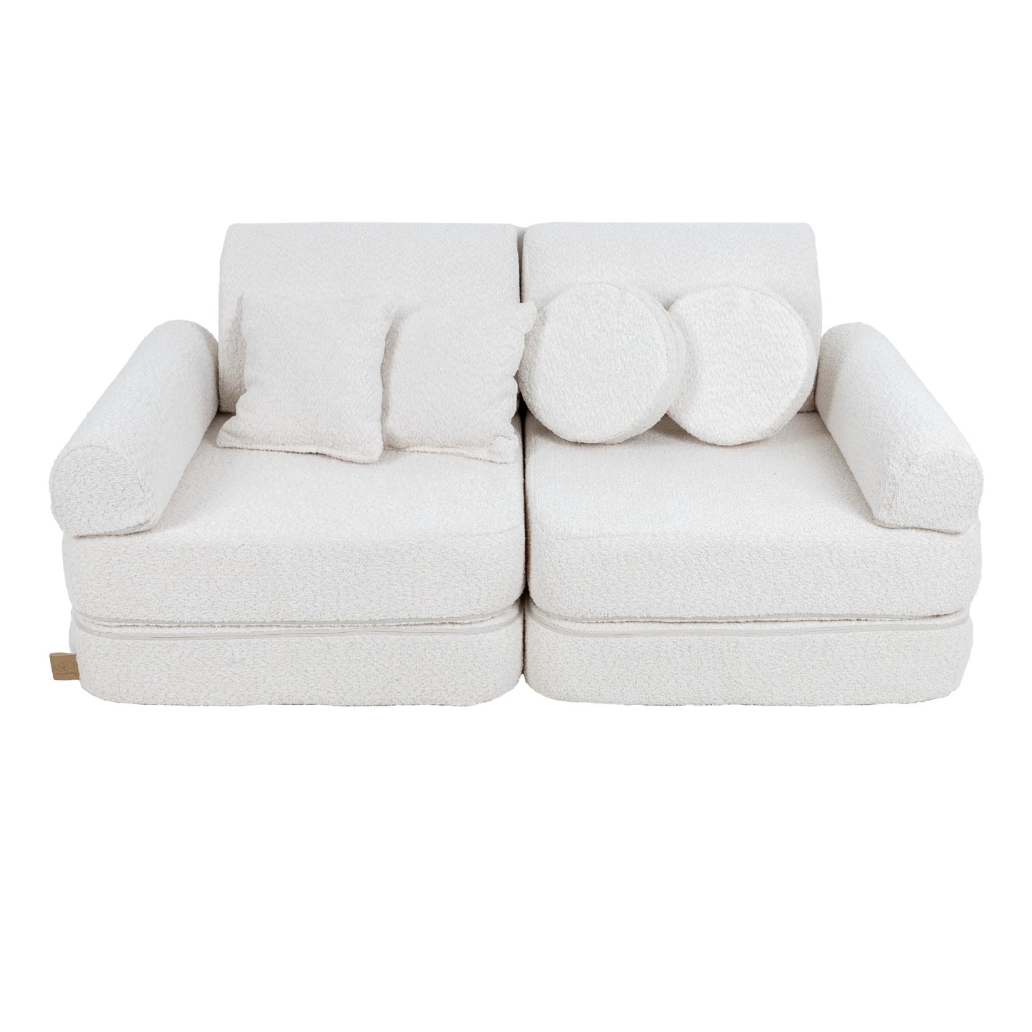MeowBaby Modular Kids Sofa – Boucle White – sofa with bolster and round pillow accessories | Nestling