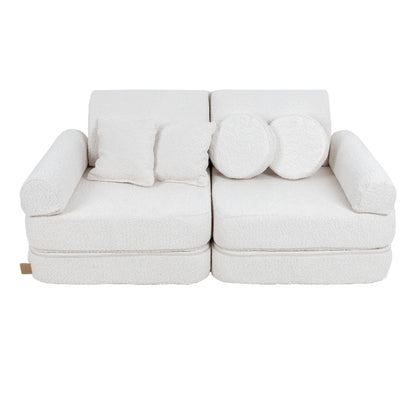 MeowBaby Modular Kids Sofa – Boucle White – sofa with bolster and round pillow accessories | Nestling