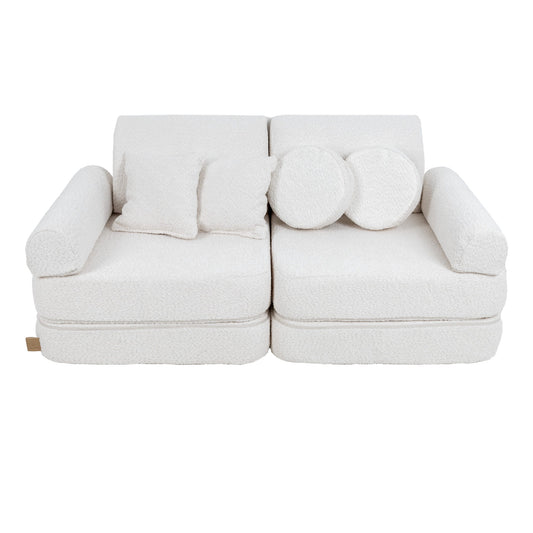 MeowBaby Modular Kids Sofa – Boucle White – sofa with bolster and round pillow accessories | Nestling