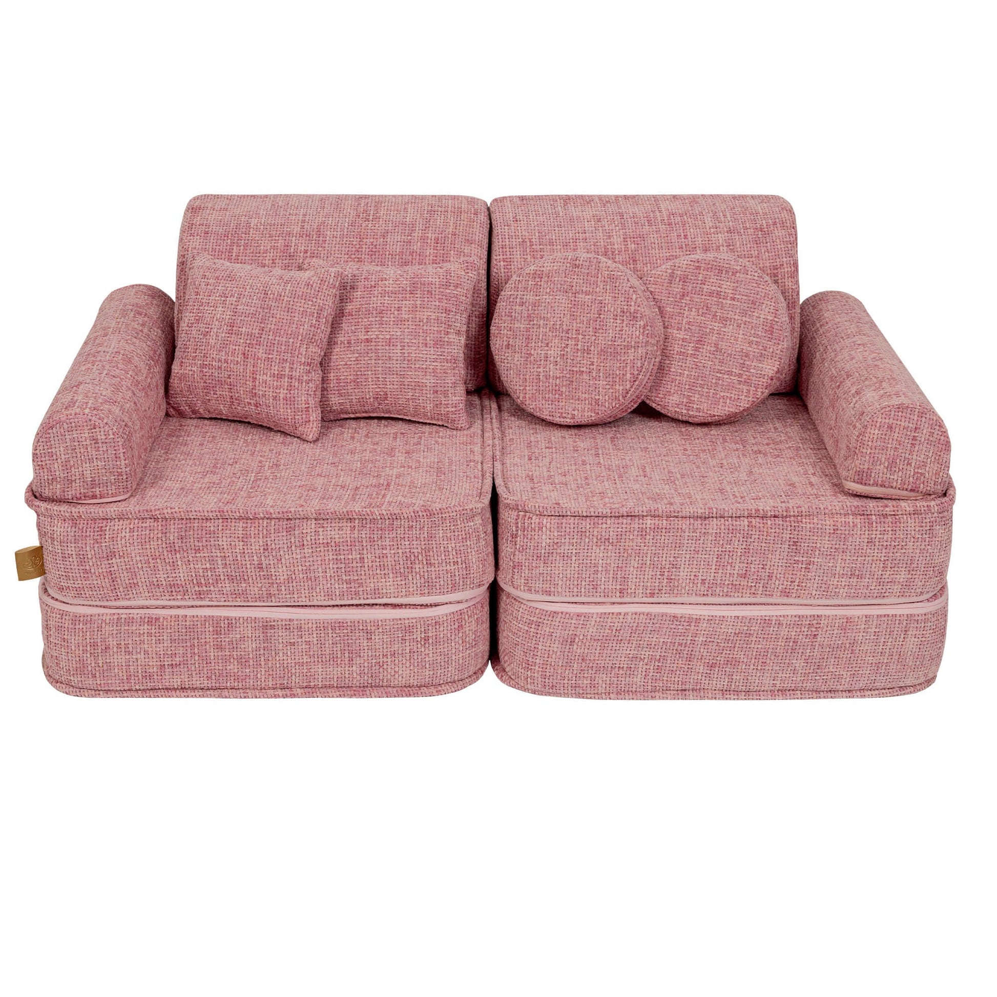 MeowBaby Modular Kids Sofa – Tangle Bubblegum Pink – sofa with round pillow side view | Nestling