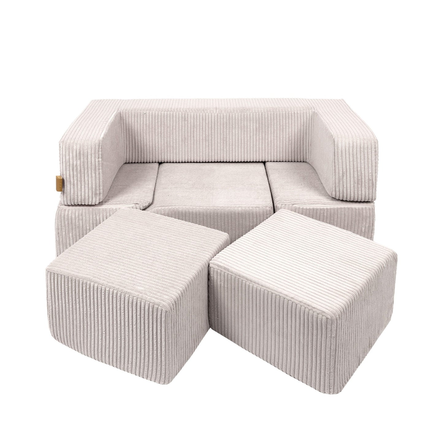 Soft velvet brick sofa front view with padded backrest and two ottoman seating cubes