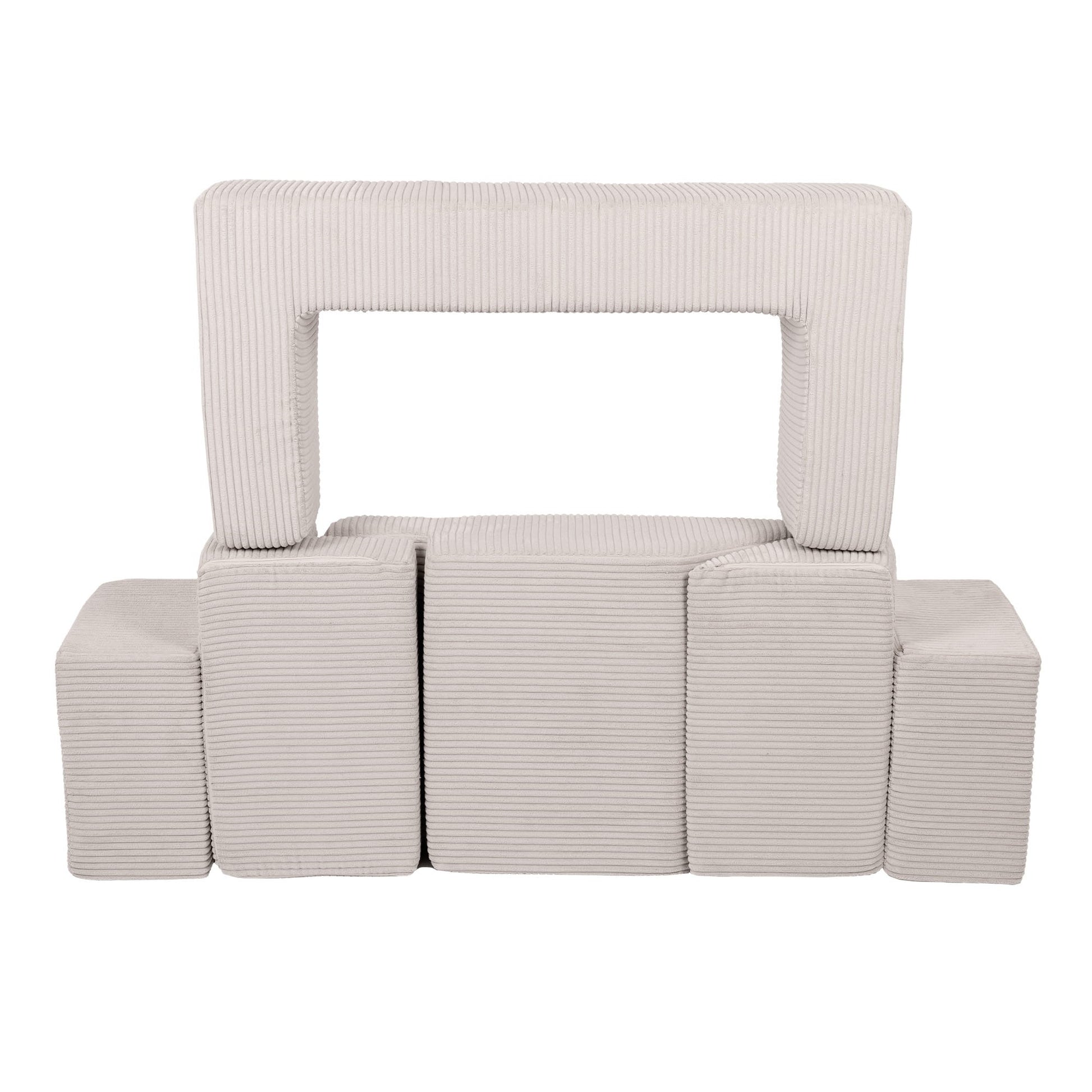 Ecru brick blocks arranged as a enclosed fort with arched opening and storage compartments