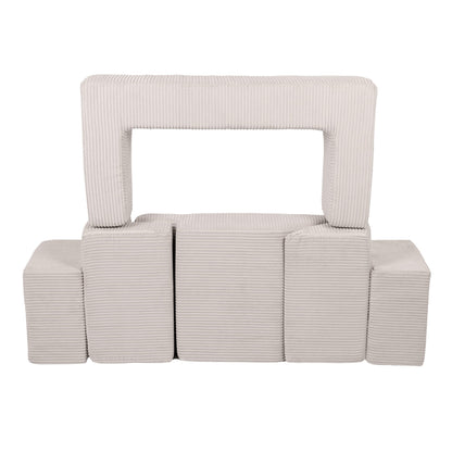 Ecru brick blocks arranged as a enclosed fort with arched opening and storage compartments