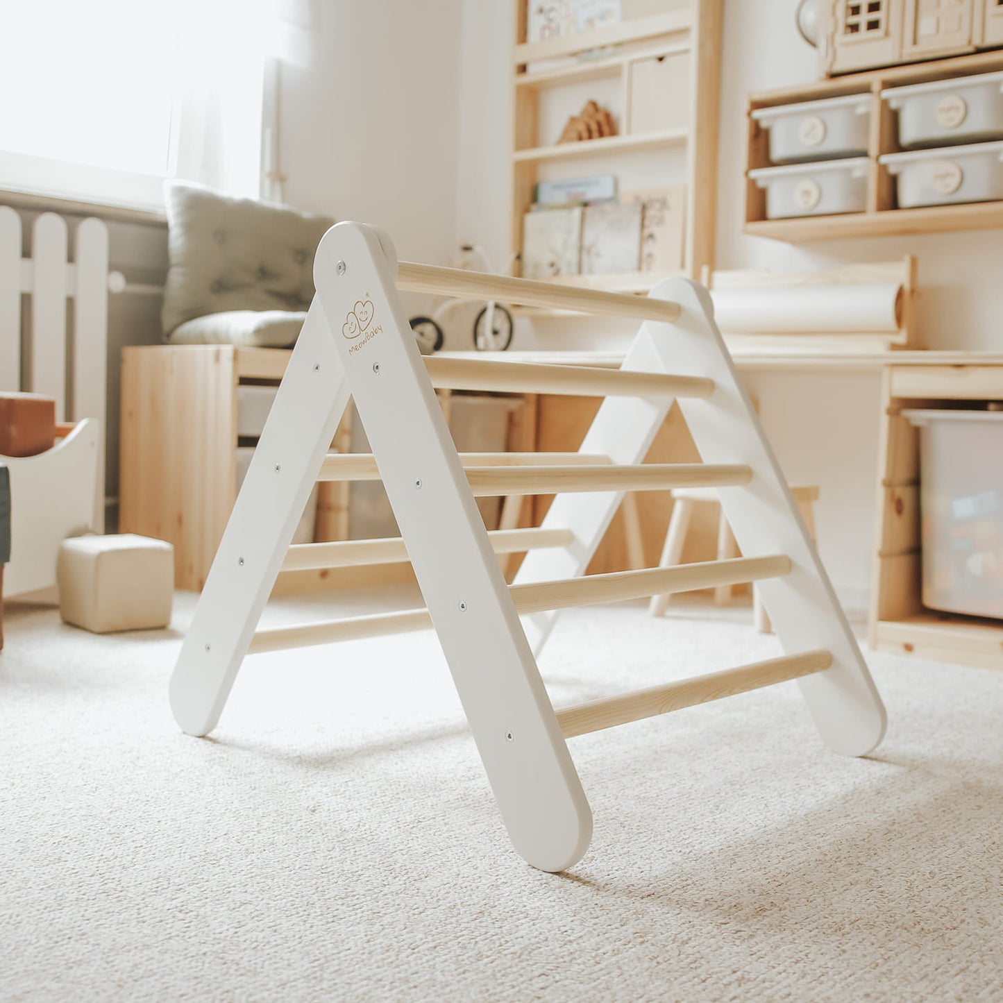 MeowBaby White Ladder House Pink Cover – multiple angles view of white wooden playhouse | Nestling