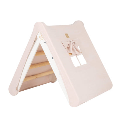 MeowBaby White Ladder House Pink Cover – fully assembled white playhouse in playroom | Nestling