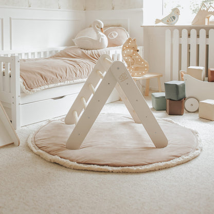 MeowBaby White Ladder House Pink Cover – child on top platform of white playhouse | Nestling
