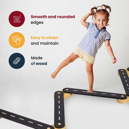 MeowBaby Wooden Balance Beam 4-Element Sensory Path – colour variants and features infographic | Nestling