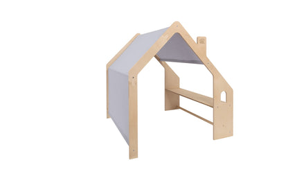 Natural wooden house with gray roof and open entrance, angled side view