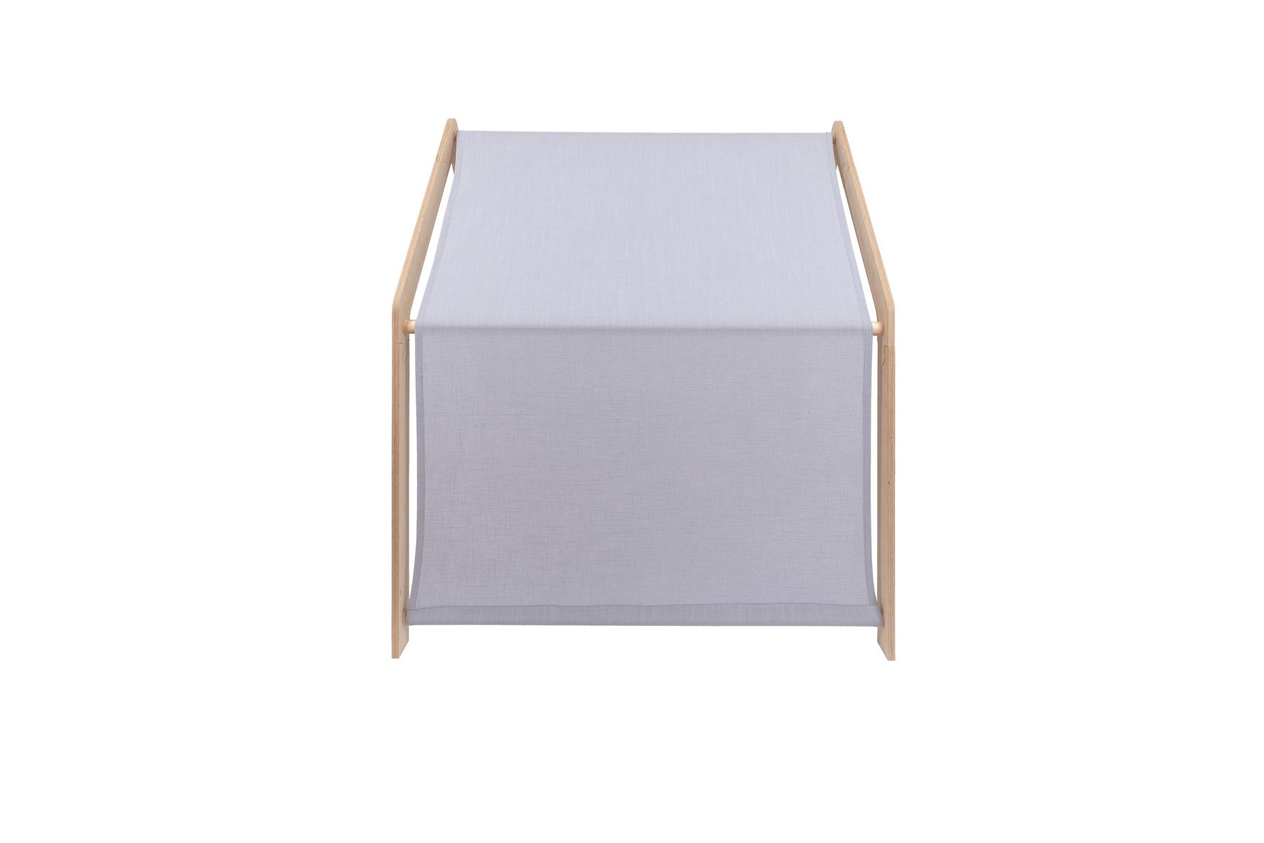 Wooden house base with gray roof showing complete fabric enclosure and frame