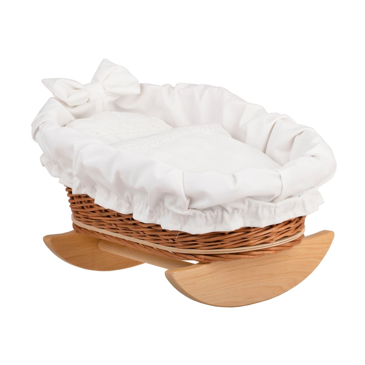 Mimi wicker cradle for dolls featuring white lining and complete bedding set