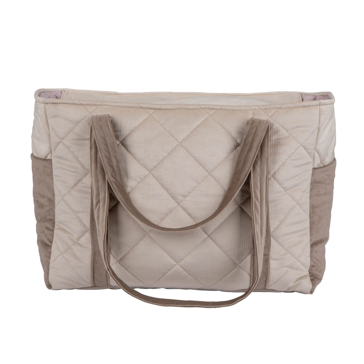 Front view of beige quilted velvet mom bag with structured handles and multiple outer pockets