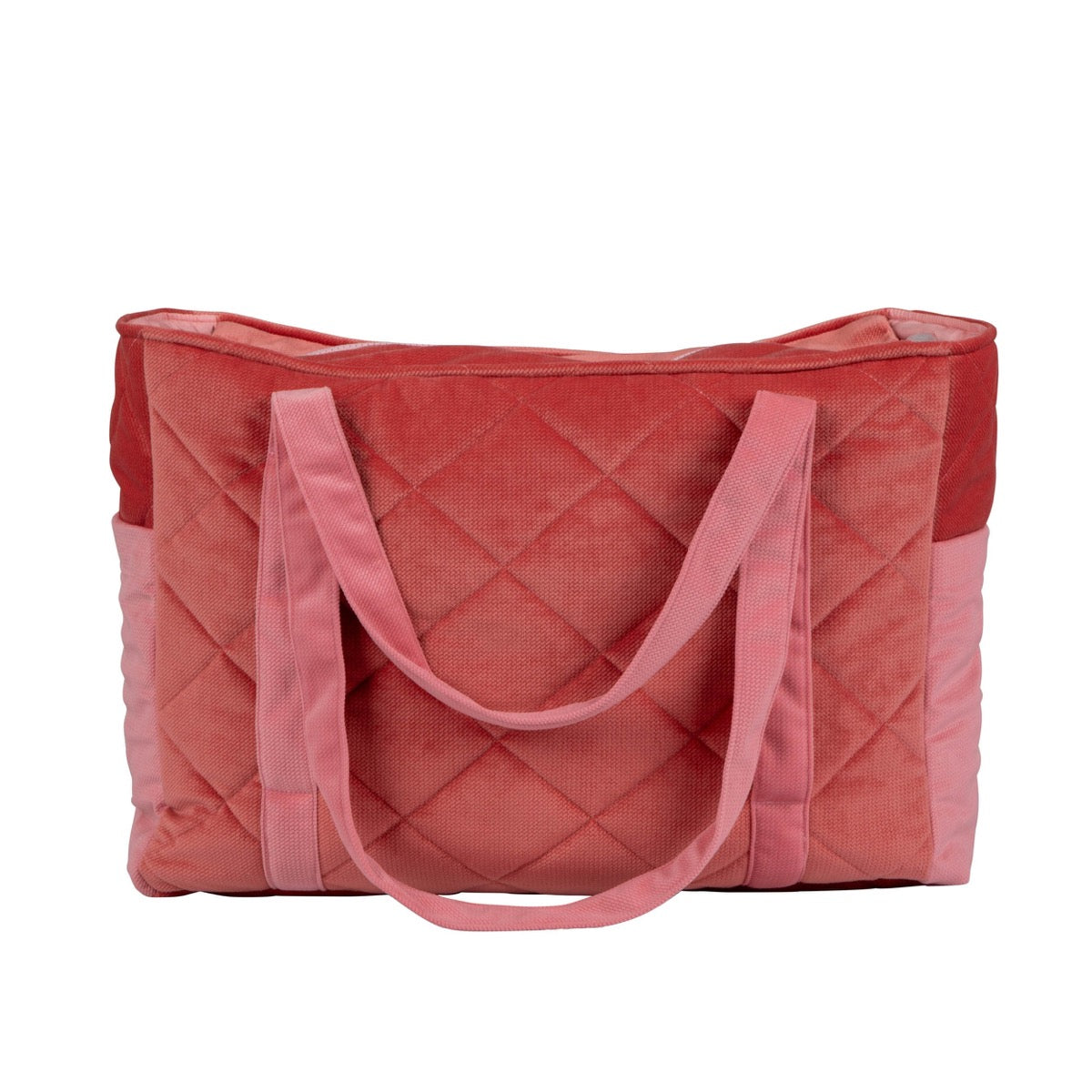 Candy pink velvet mom weekender bag with quilted pattern and pink handles, front view