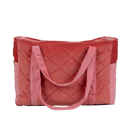 Candy pink velvet mom weekender bag with quilted pattern and pink handles, front view