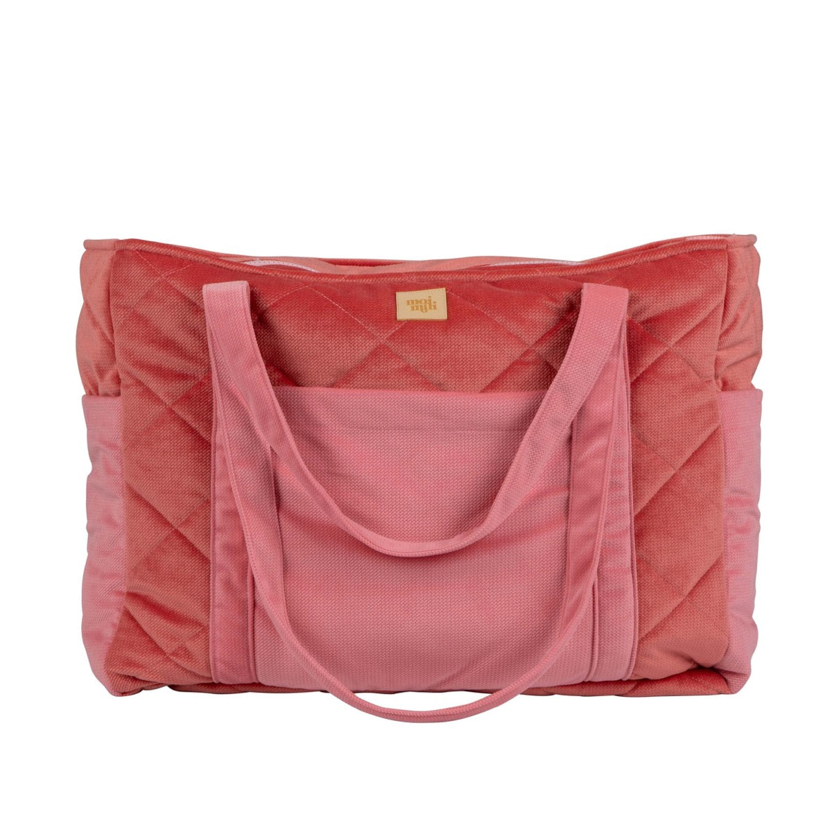 Candy pink quilted mom bag with dual handles shown from front, full product view