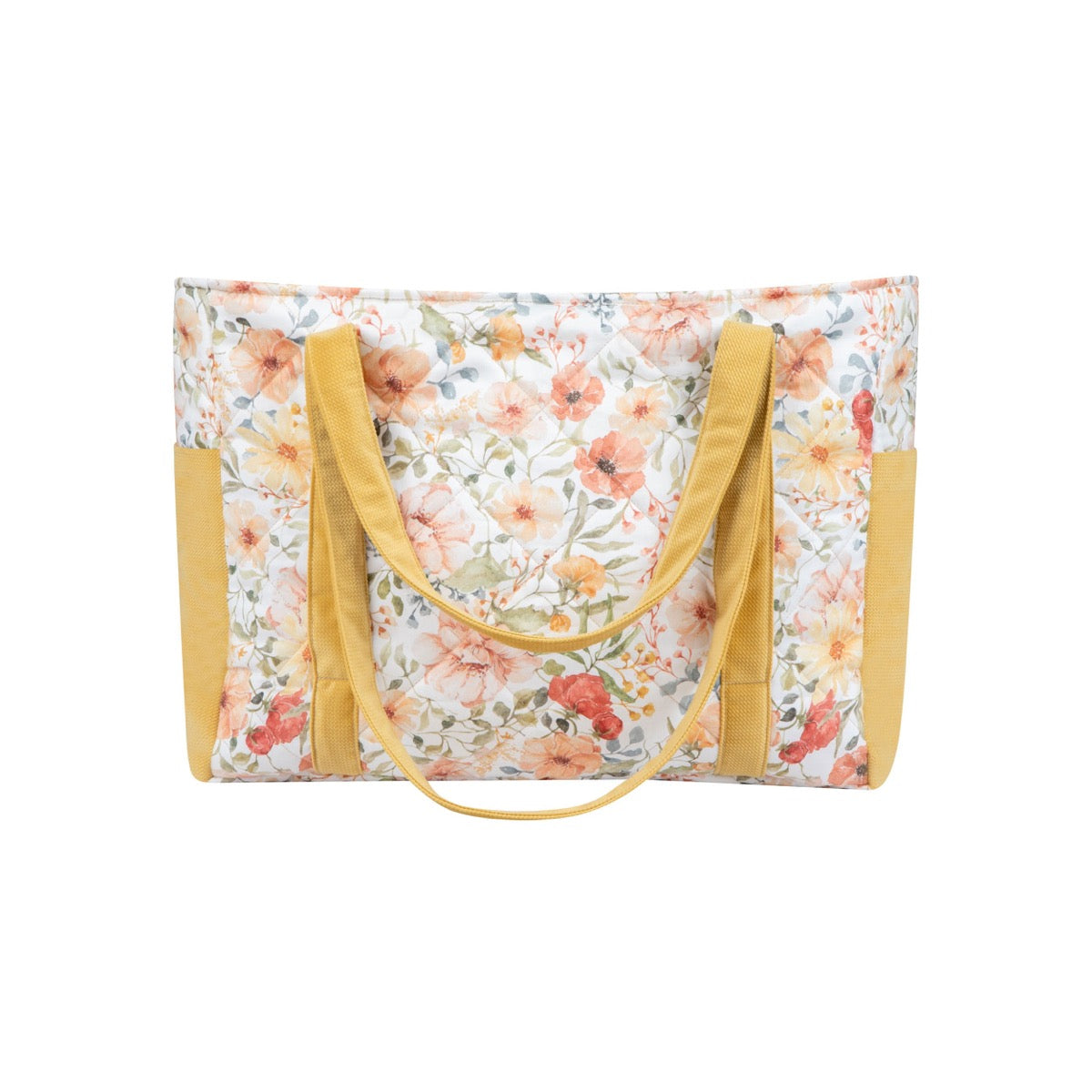 Flower Power weekender bag with floral cotton print and mustard yellow velvet handles, front view