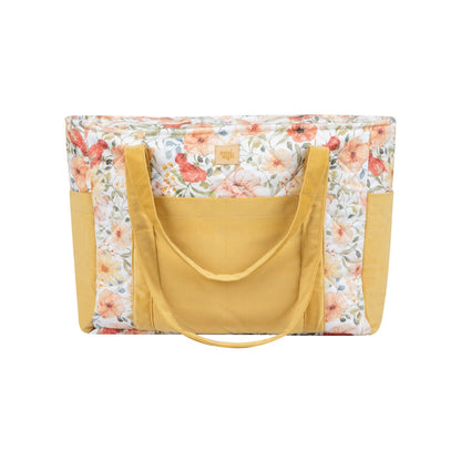 Mom weekender bag showing open interior with waterproof lining and organizational pockets, front view