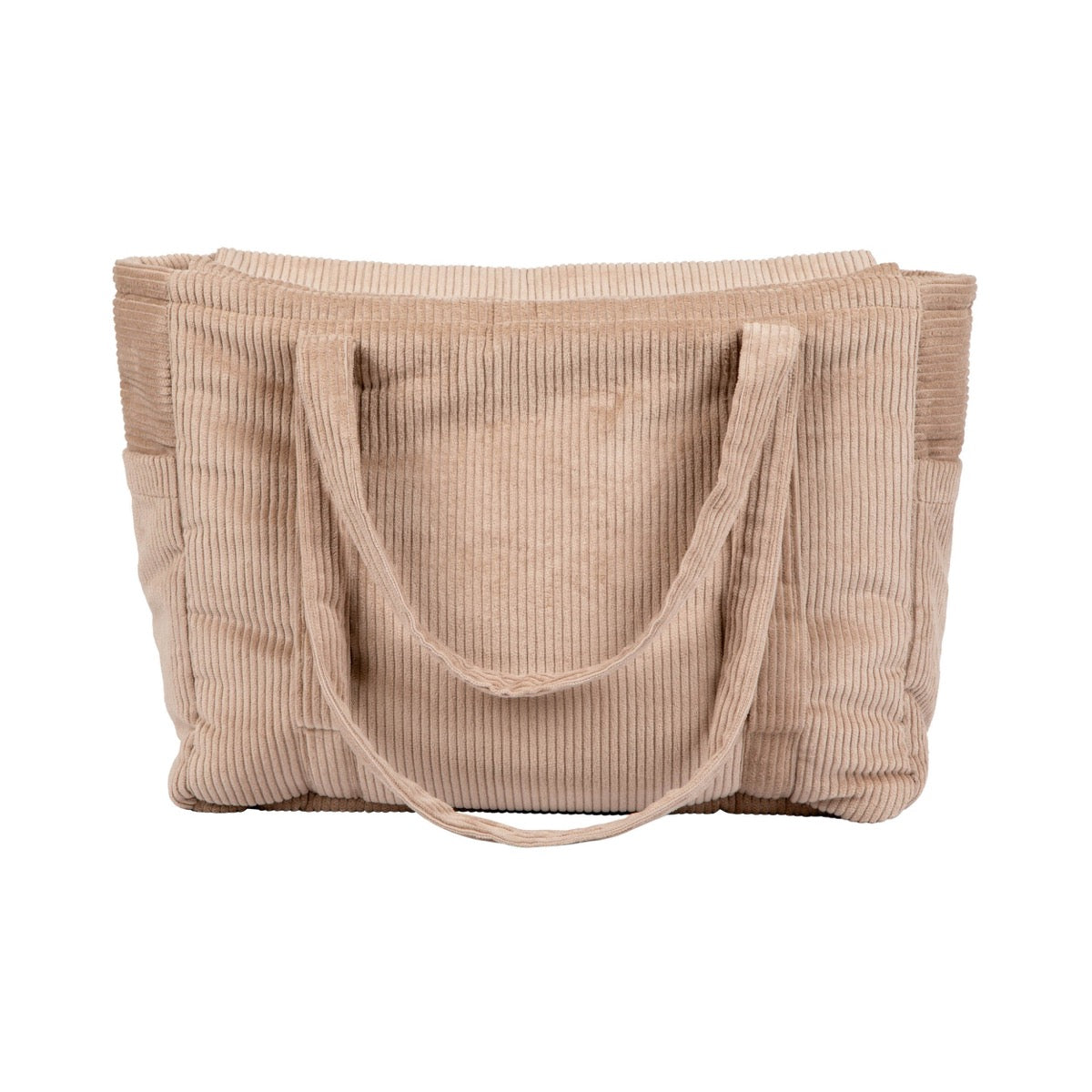 Latte velvet weekender bag front view with dual handles and ribbed texture