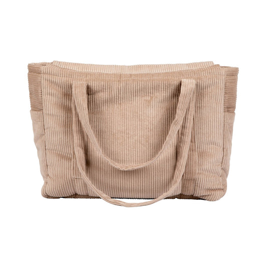 Latte velvet weekender bag front view with dual handles and ribbed texture