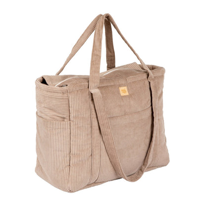 Latte weekender bag side angle showing structured shape and exterior pockets