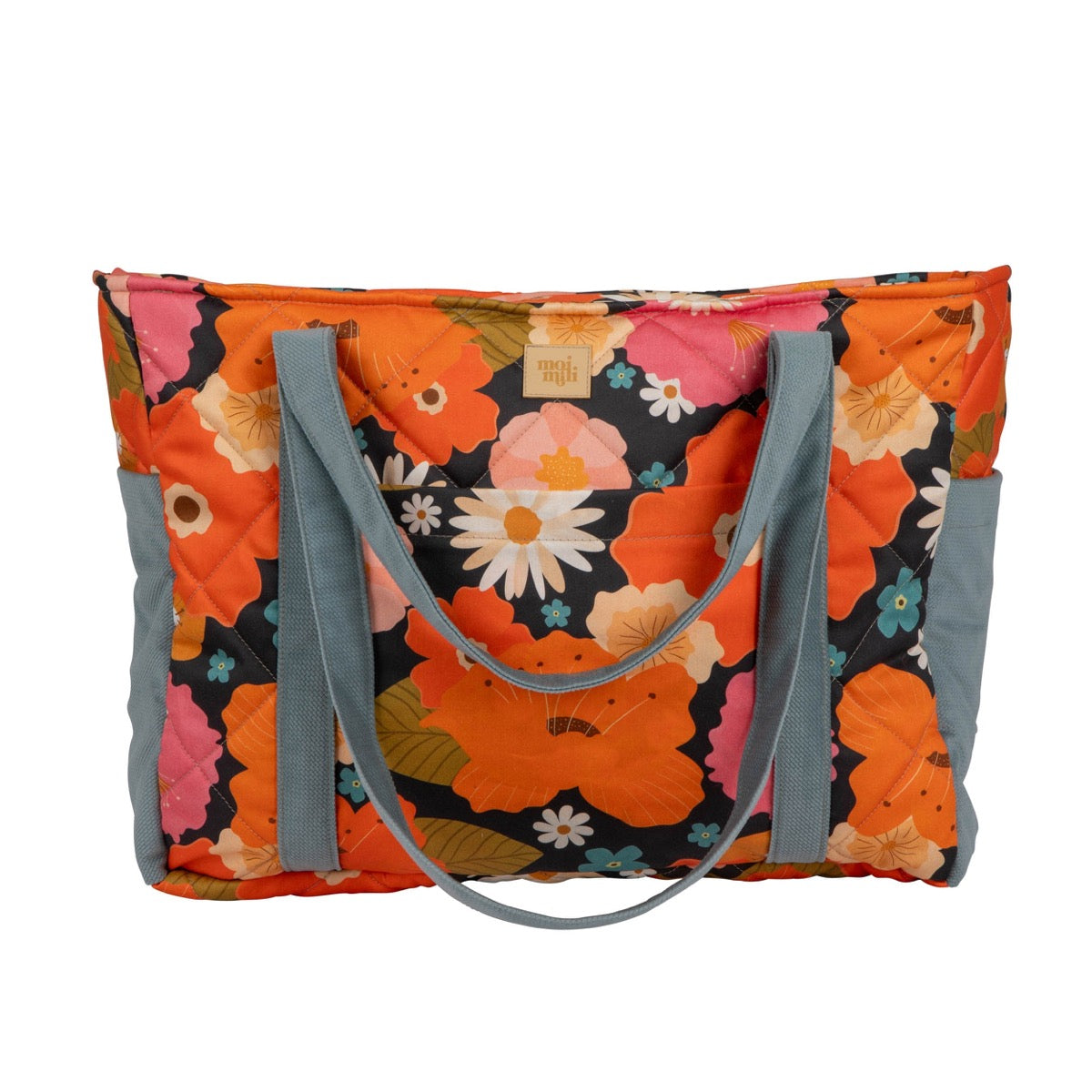 Front view of moi mili mom bag with vibrant multicolor floral design and gray straps