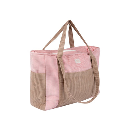 Pink coffee velvet cotton weekender bag with tan handles shown from front angle