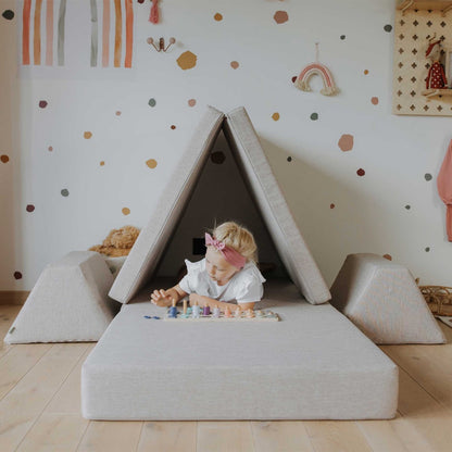 Child Playing Under Monboxy Activity Play Mattress Set Beige Tent – Nestling