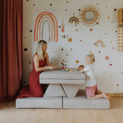 Monboxy Activity Play Mattress Set Beige Table Configuration with Kids – Nestling