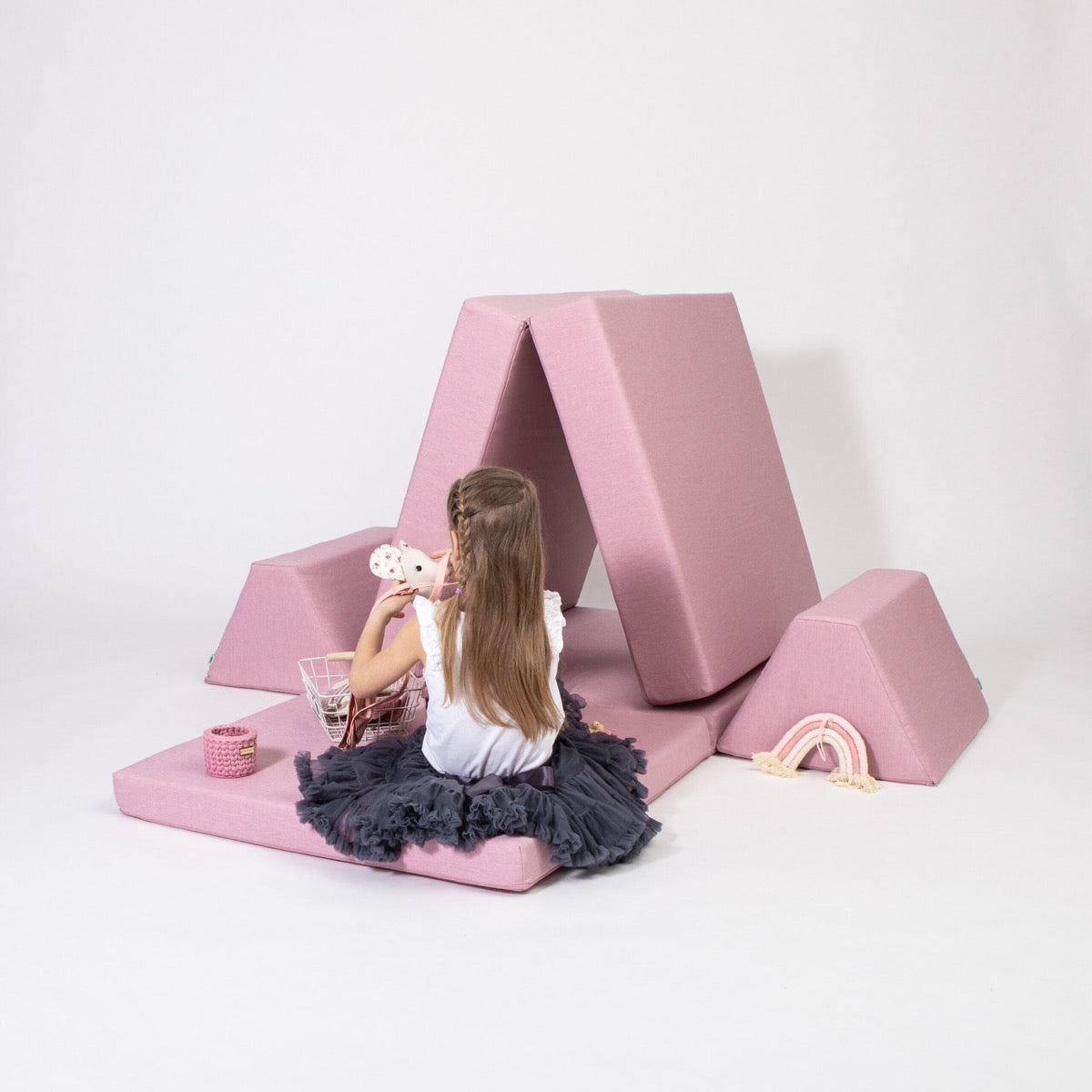 Monboxy Activity Play Mattress Set Pink Foam Sofa – pink foam sofa assembled front view | Nestling