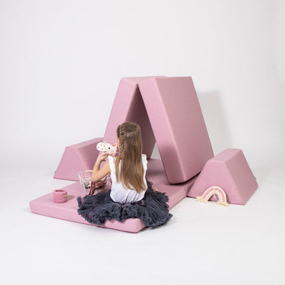 Monboxy Activity Play Mattress Set Pink Foam Sofa – pink foam sofa assembled front view | Nestling