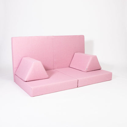 Monboxy Activity Play Mattress Set Pink Foam Sofa – child on pink foam playhouse tent | Nestling