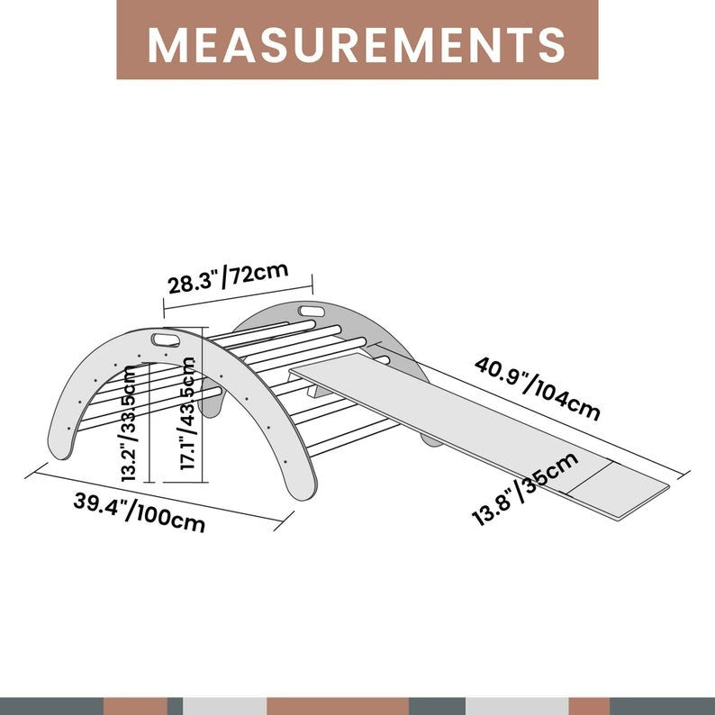 Product dimensions diagram showing climbing arch measurements and ramp angle