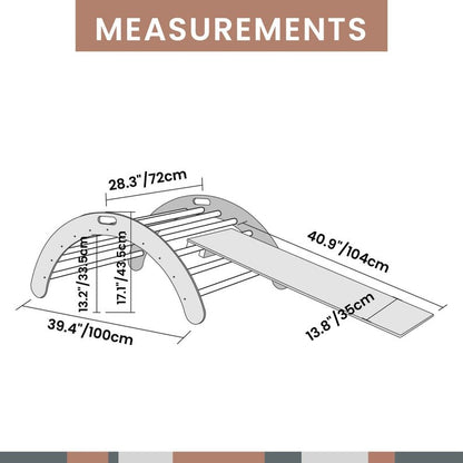 Product dimensions diagram showing climbing arch measurements and ramp angle