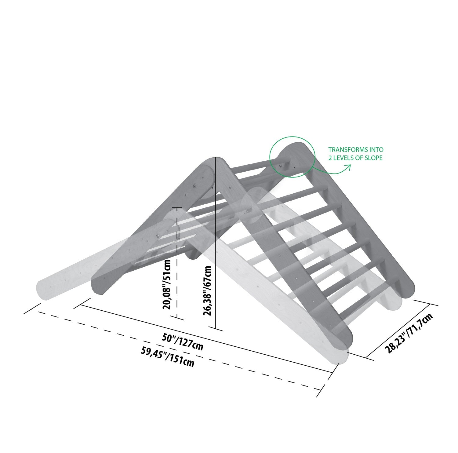 Diagram showing climbing triangle dimensions and two slope levels for varied difficulty