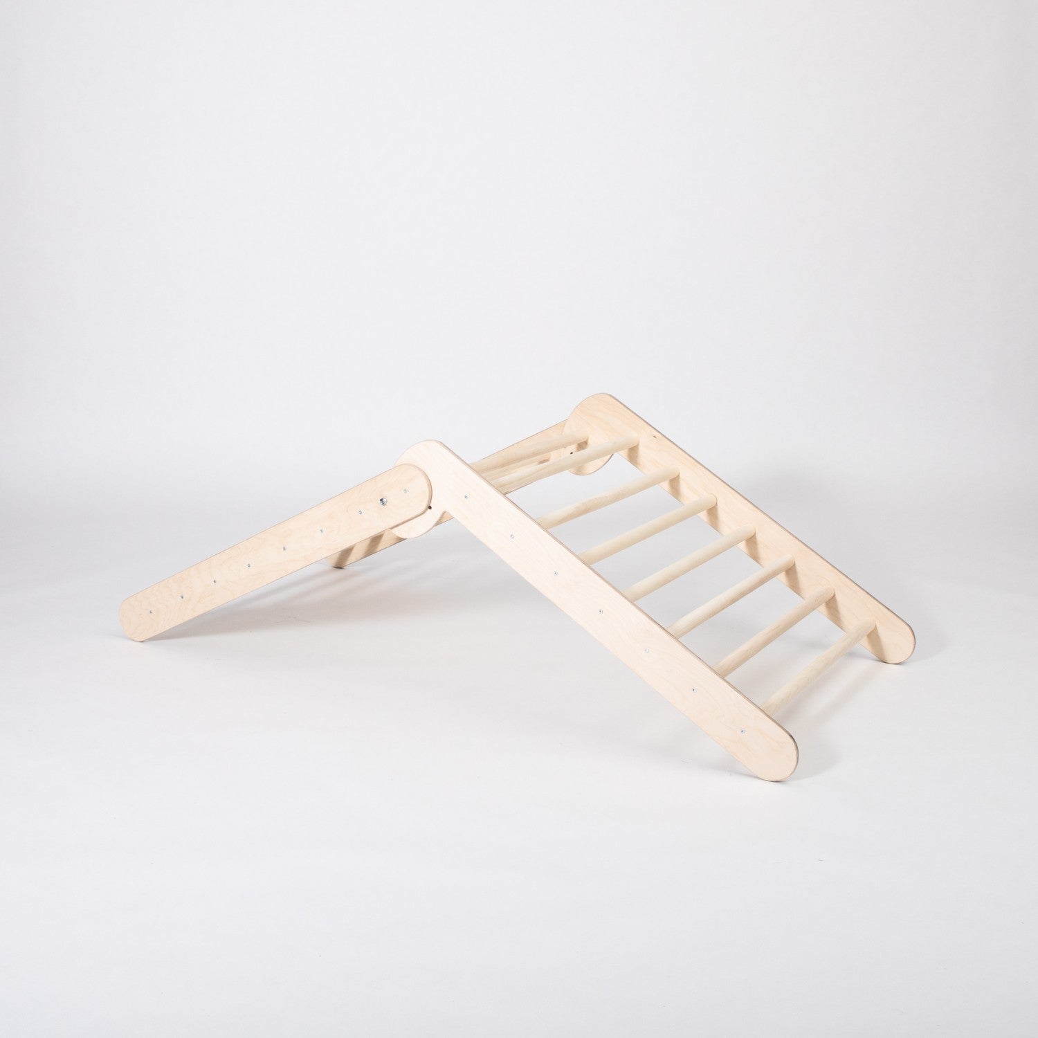 Natural wood climbing triangle with eight rungs per side in closed position