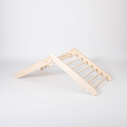 Natural wood climbing triangle with eight rungs per side in closed position